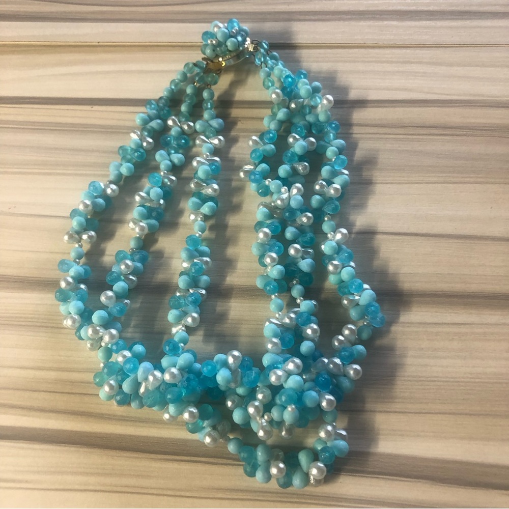 Three strand sea foam blue layered necklace